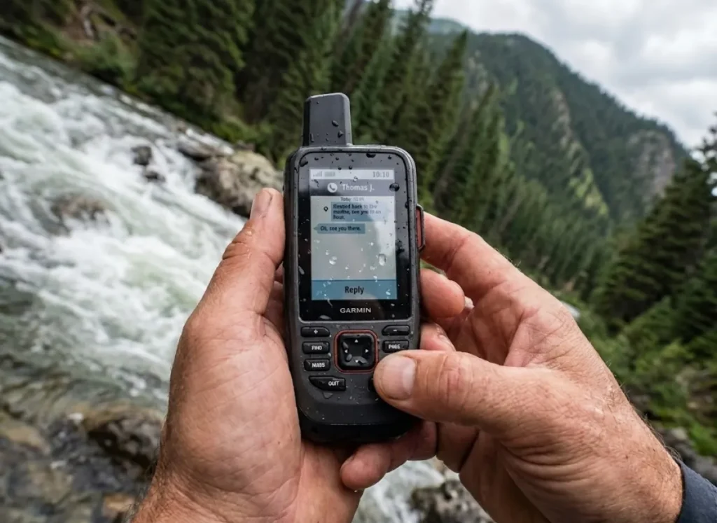 Close-up of a hiker's hands holding a wet GPS unit with a river and mountain trail in the background.