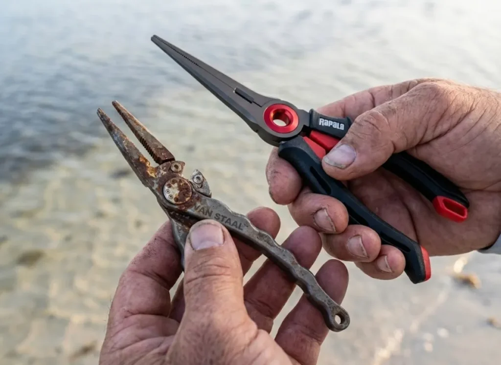 Close up of angler's hands comparing a rusty pair of pliers with a new titanium pair.