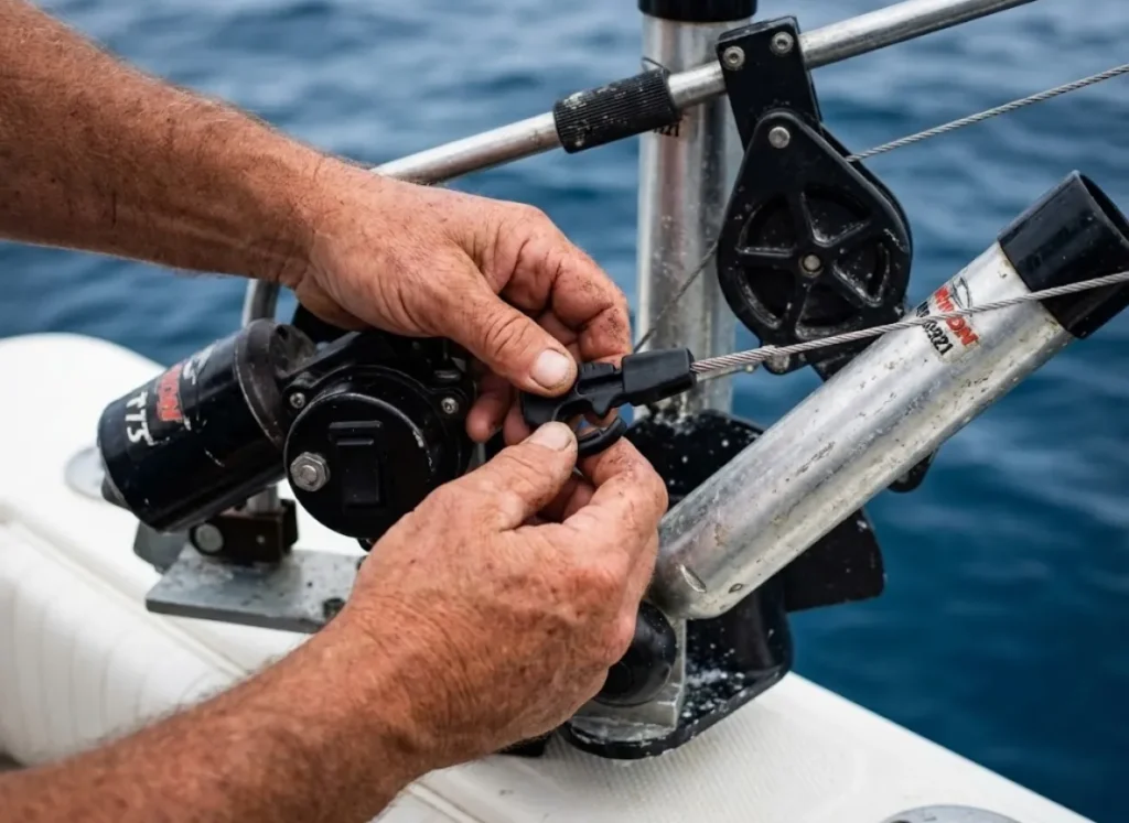 Close-up of hands clipping a fishing line release to a steel downrigger cable.