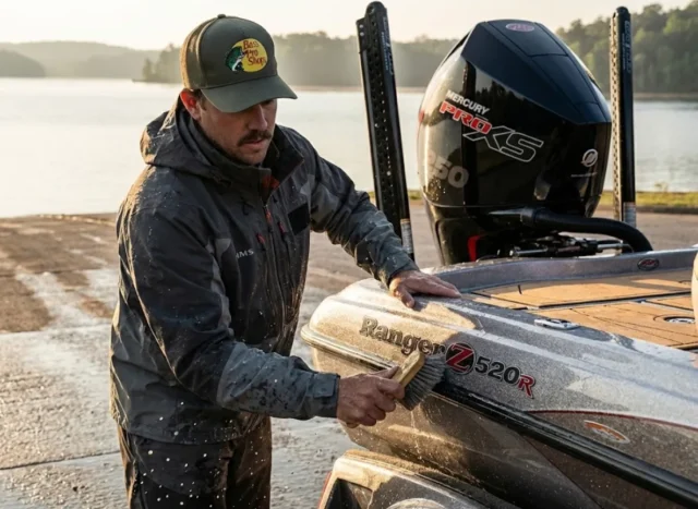 cleaning-boat-hulls-guide-ranger-boat Angler in Simms gear cleaning the hull of a Ranger bass boat with a Mercury outboard at a boat ramp.