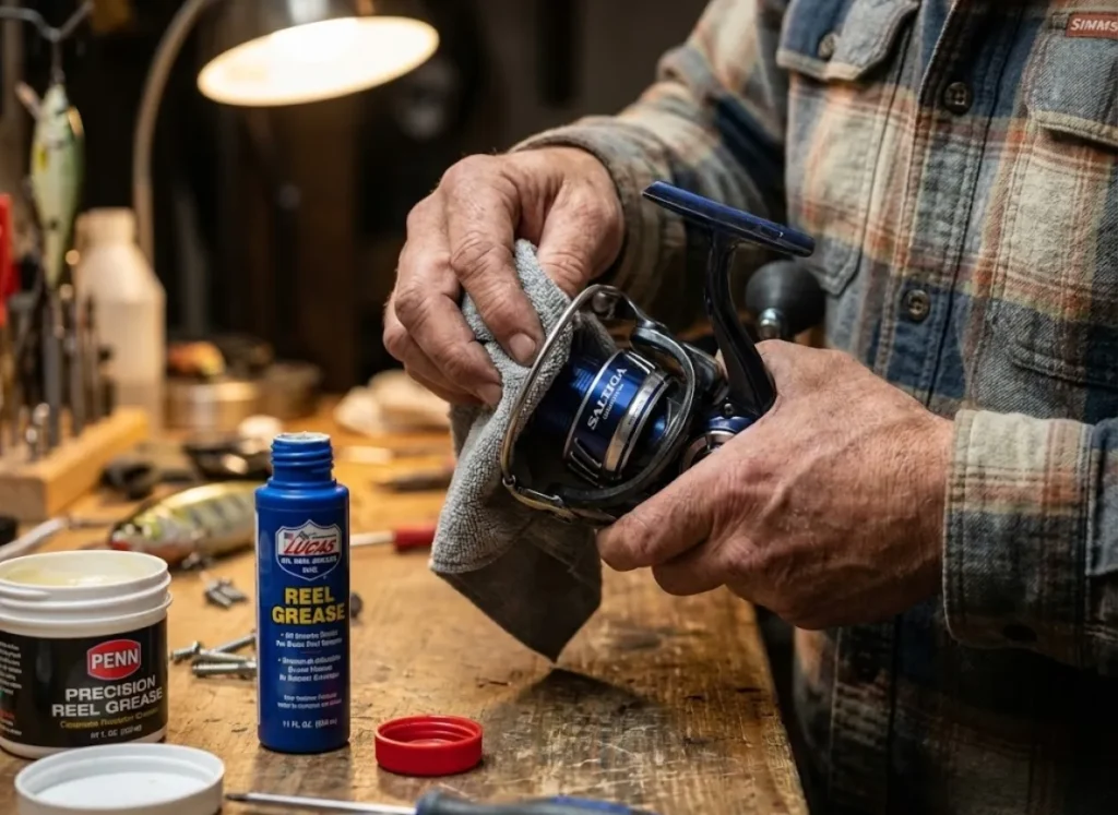 Hands cleaning a Daiwa Saltiga reel with Lucas Oil grease and a microfiber cloth on a wooden workbench.