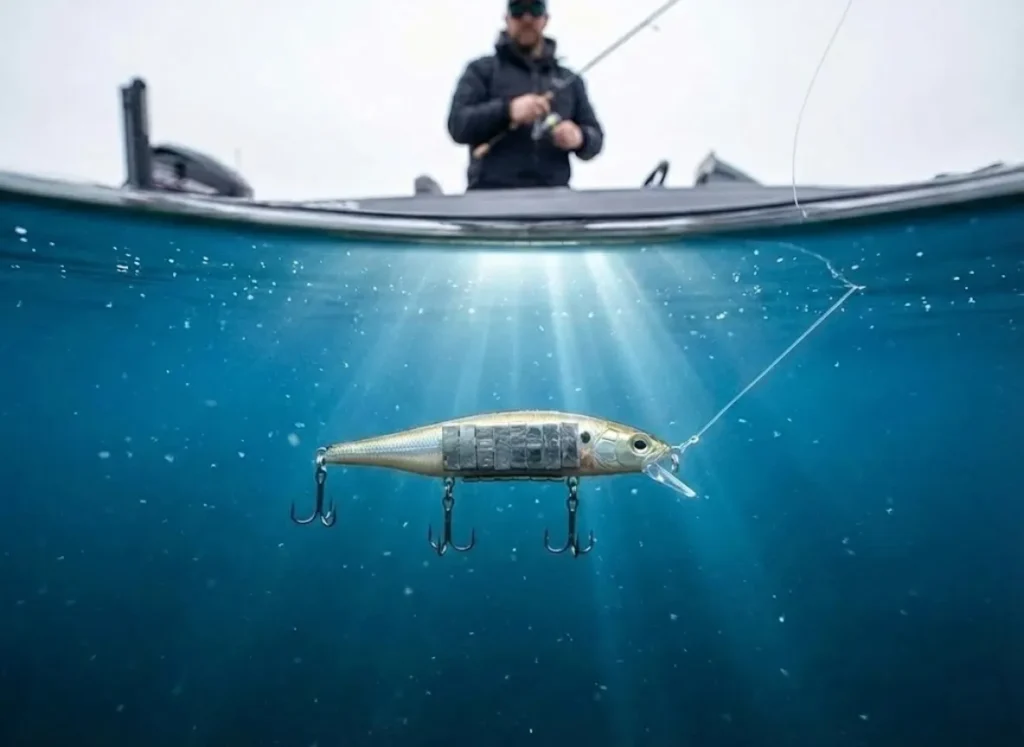 Split-level underwater shot showing a modified jerkbait with lead tape suspending perfectly neutral in cold water.