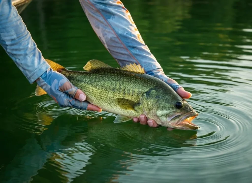 A professional angler gently releasing a healthy Largemouth Bass into emerald green water during golden hour, emphasizing ethical catch and release practices.