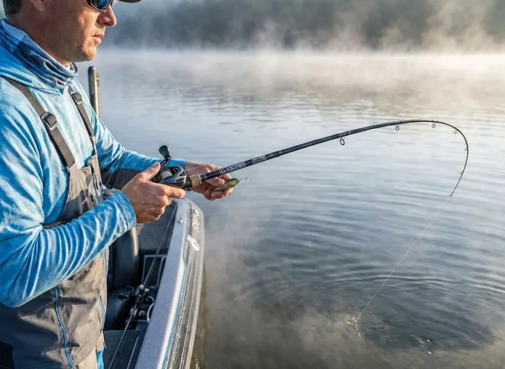 G. Loomis rod bent under the load of a deep diving crankbait retrieve