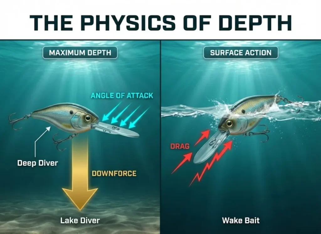 A professional side-by-side infographic comparing the hydrodynamics of two fishing lures: a Deep Diver with a horizontal bill showing maximum downward force vectors, and a Wake Bait with a vertical bill showing high drag and surface resistance.