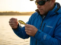 Crankbait Hydrodynamics: Bill Angle & The Dive Curve Angler in Simms jacket inspecting the lip of a Strike King 10XD crankbait against the sun