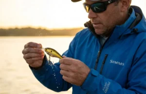 Crankbait Hydrodynamics: Bill Angle & The Dive Curve Angler in Simms jacket inspecting the lip of a Strike King 10XD crankbait against the sun