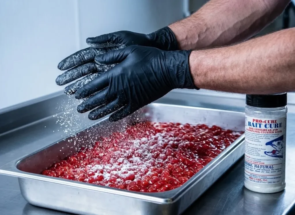 High-speed photography of curing powder being sprinkled onto salmon eggs, capturing the crystalline texture of the chemicals and the glossy surface of the bait.