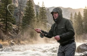 Current Seams Hydrodynamics: The Angler’s Physics Guide Angler wearing Simms waders and Patagonia jacket standing in a turbulent river holding a Sage fly rod.