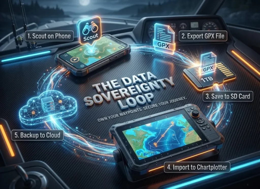 A circular infographic titled "The Data Sovereignty Loop" illustrating the data transfer process for fishing navigation. It shows a flow from a smartphone app to an SD card, then to a boat's chartplotter, and finally up to a cloud server backup, set against a rugged, marine-themed background.