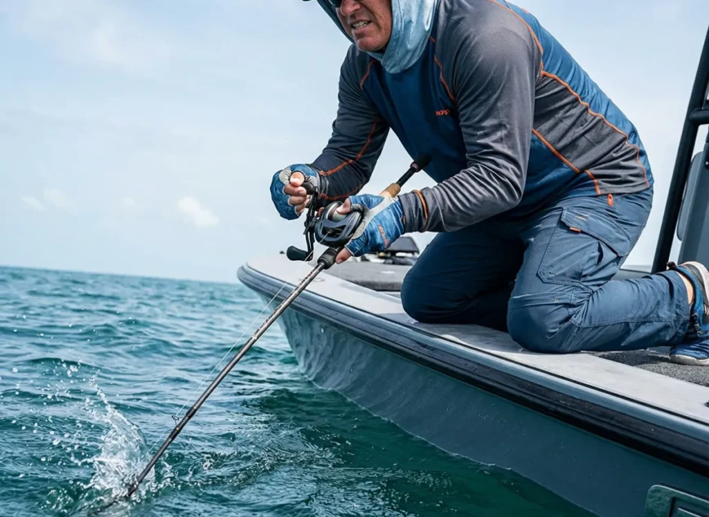 Angler with rod tip submerged in water reeling hard to get a crankbait deeper.