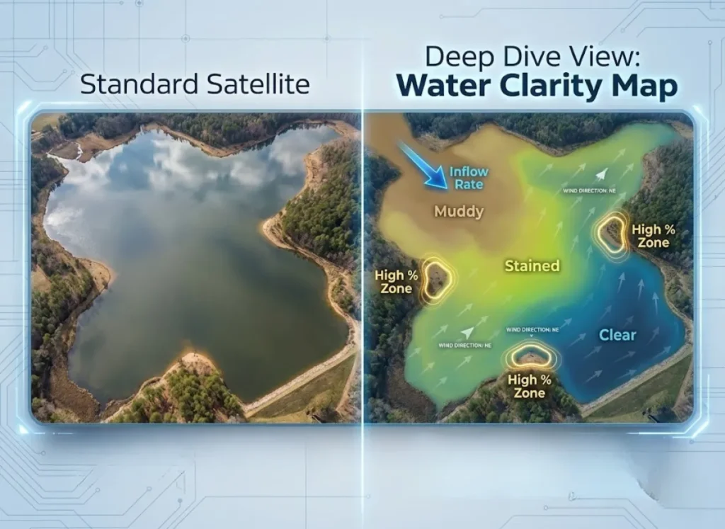 A split-screen infographic comparing a standard satellite view of a lake with the Deep Dive app's advanced water clarity layer. The Deep Dive side features color-coded gradients showing muddy to clear water, wind direction vectors, and predictive fishing hotspots.