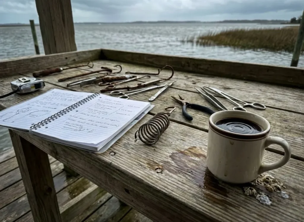 A wooden dock table covered in various fishing tools and a notebook for field testing.