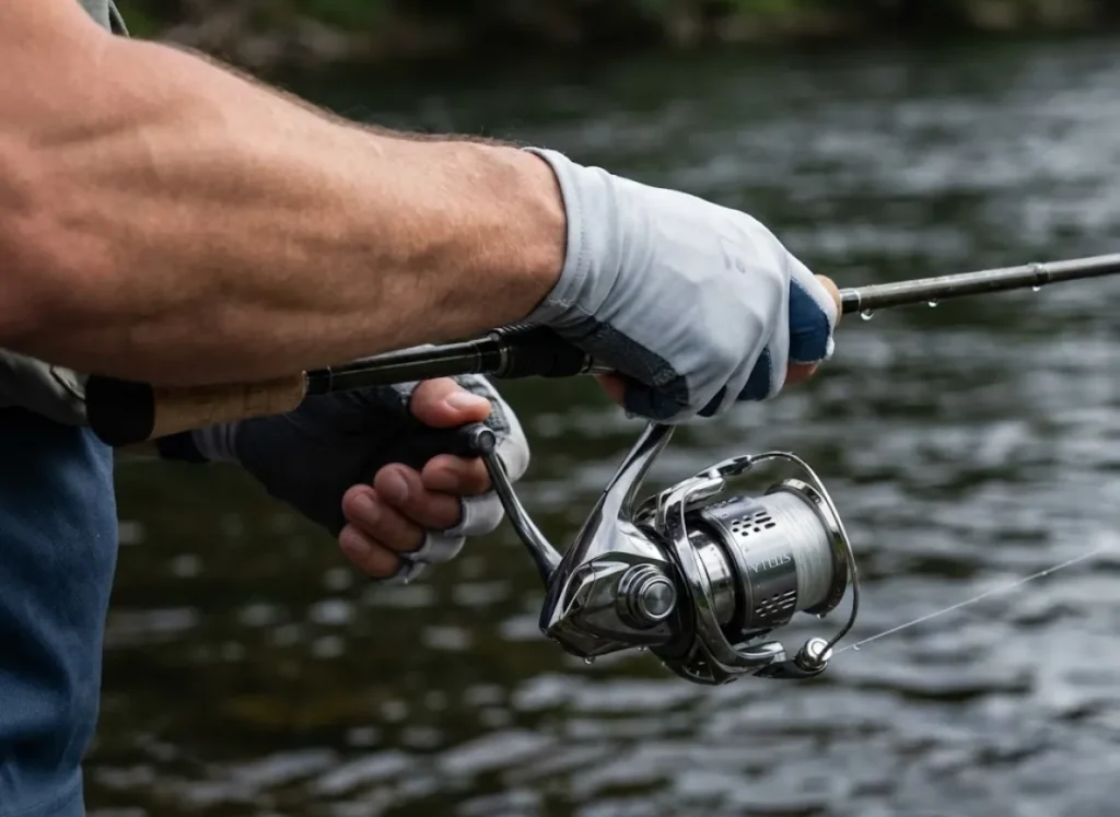 A detailed close-up of an angler's hand paused on a Shimano Stella reel handle, symbolizing the patience required for slow cold-water digestion rates.