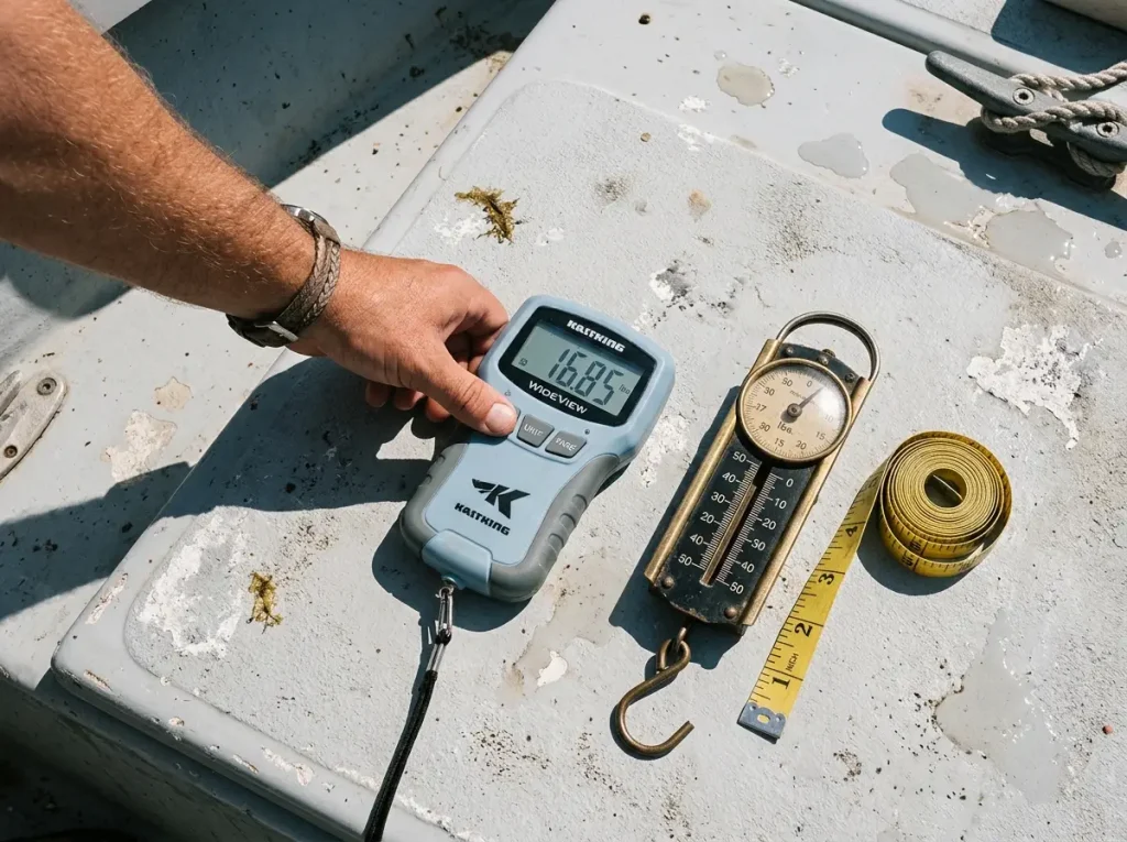 Digital and mechanical fish scales laid on a sunlit boat deck showing different capacity displays
