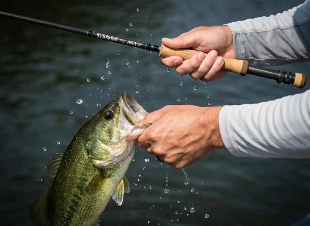 Close-up of a professional angler's clean hands holding a vibrant largemouth bass, highlighting the fish's health and metabolic energy.