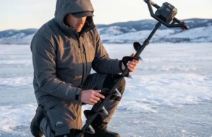 DIY Ice Auger Blade Sharpening Care & Field Repair A professional angler in Simms gear inspecting a Strikemaster ice auger at sunrise on a frozen lake, highlighting technical competence and premium equipment.