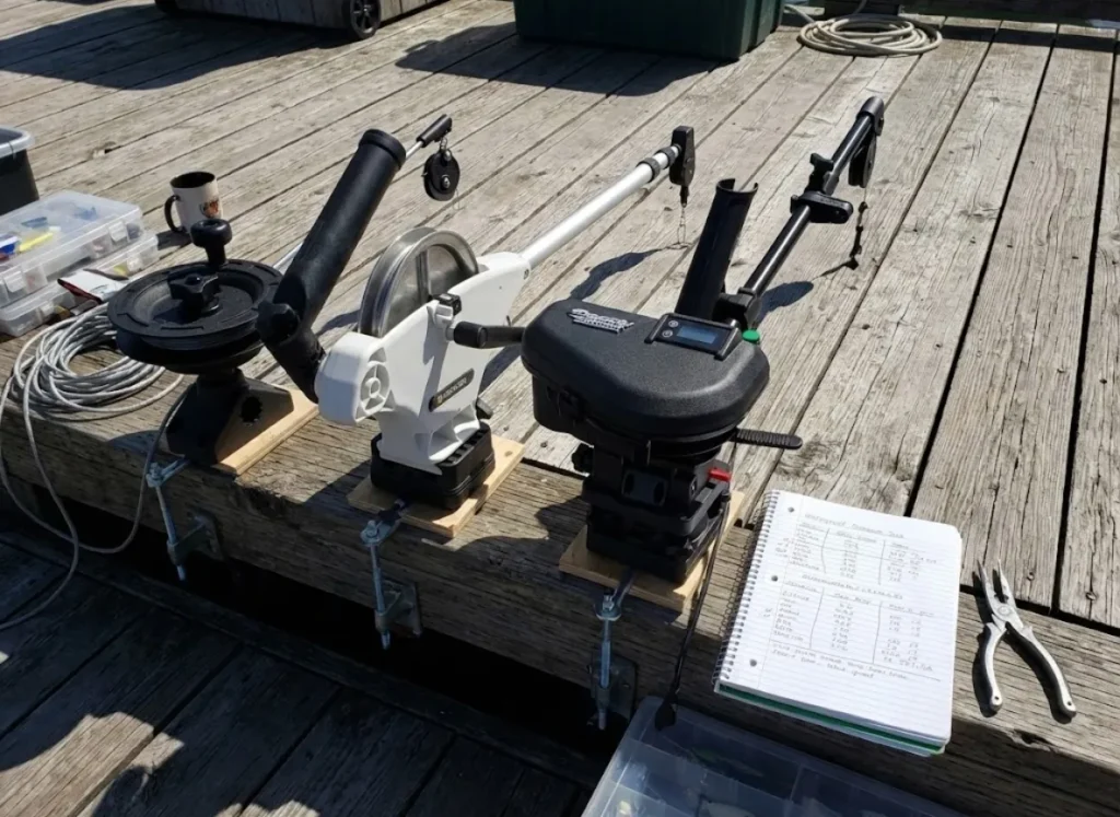 Three different brands of downriggers lined up on a boat deck for a comparative field test.