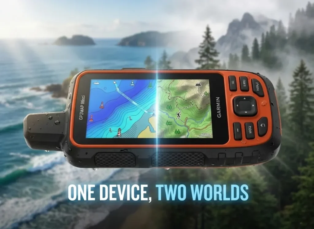 A close-up photograph of a handheld Garmin GPSMAP 86sci device with a split screen. The left half displays a detailed blue marine chart with depth contours, and the right half displays a green topographic map with elevation lines. Below the screen, glowing text reads "ONE DEVICE, TWO WORLDS."