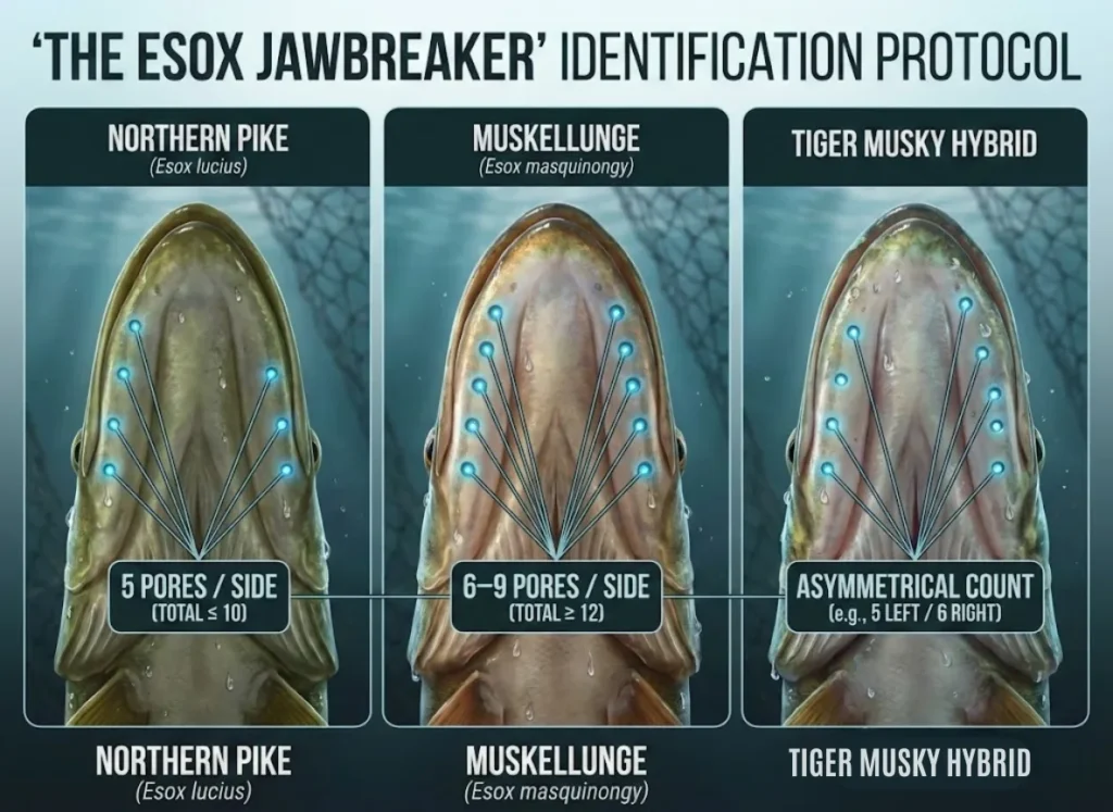 A sophisticated semantic infographic titled "'THE ESOX JAWBREAKER' IDENTIFICATION PROTOCOL." It features three split-screen macro illustrations of fish jaws from below: a Northern Pike showing 5 pores per side, a Muskellunge showing 7 pores per side, and a Tiger Musky showing an asymmetrical count of 5 on the left and 6 on the right, with glowing labels and biological textures.