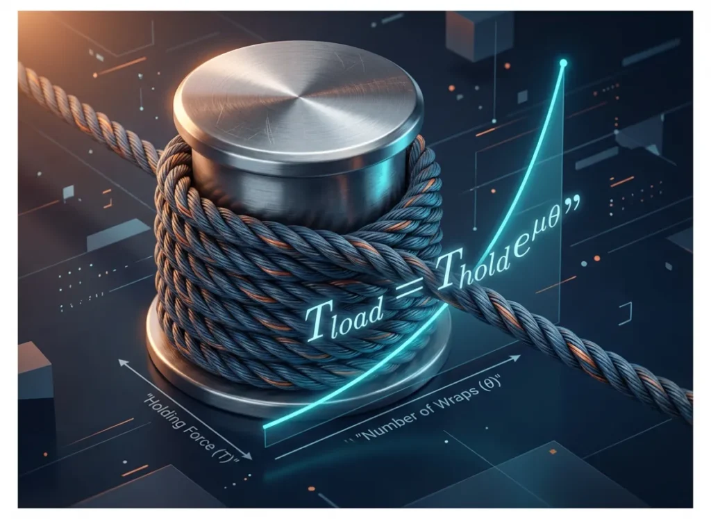 A premium editorial illustration visualizing the Euler-Eytelwein (Capstan) equation. The image features a high-tech synthetic rope coiling around a polished metallic cylinder, with a glowing exponential graph overlaid to show the dramatic increase in holding force relative to the number of wraps.