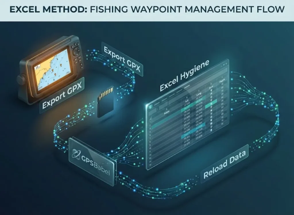 A stunning 3D isometric infographic illustrating the "Excel Method" for fishing data hygiene. The visual flow moves from a marine GPS unit to an SD card, through GPSBabel conversion, into a Microsoft Excel spreadsheet for organization, and loops back to the device.