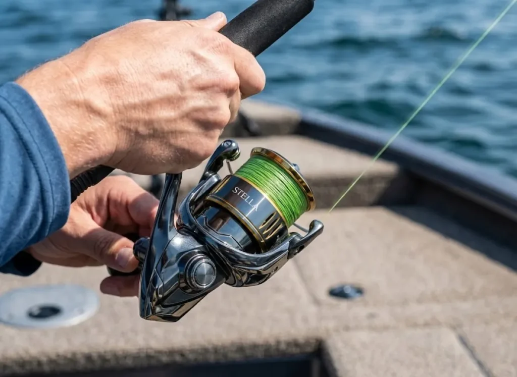 Action shot of an angler's hands manipulating a high-end Shimano spinning reel during a vertical jigging presentation.