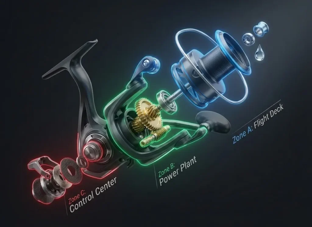 A hyper-realistic 3D exploded view of a high-performance spinning fishing reel. The image is color-coded for maintenance: the spool assembly is highlighted in blue for oil, the gearbox in green for grease, and the anti-reverse mechanism in red. Text labels identify "Zone A: Flight Deck," "Zone B: Power Plant," and "Zone C: Control Center."