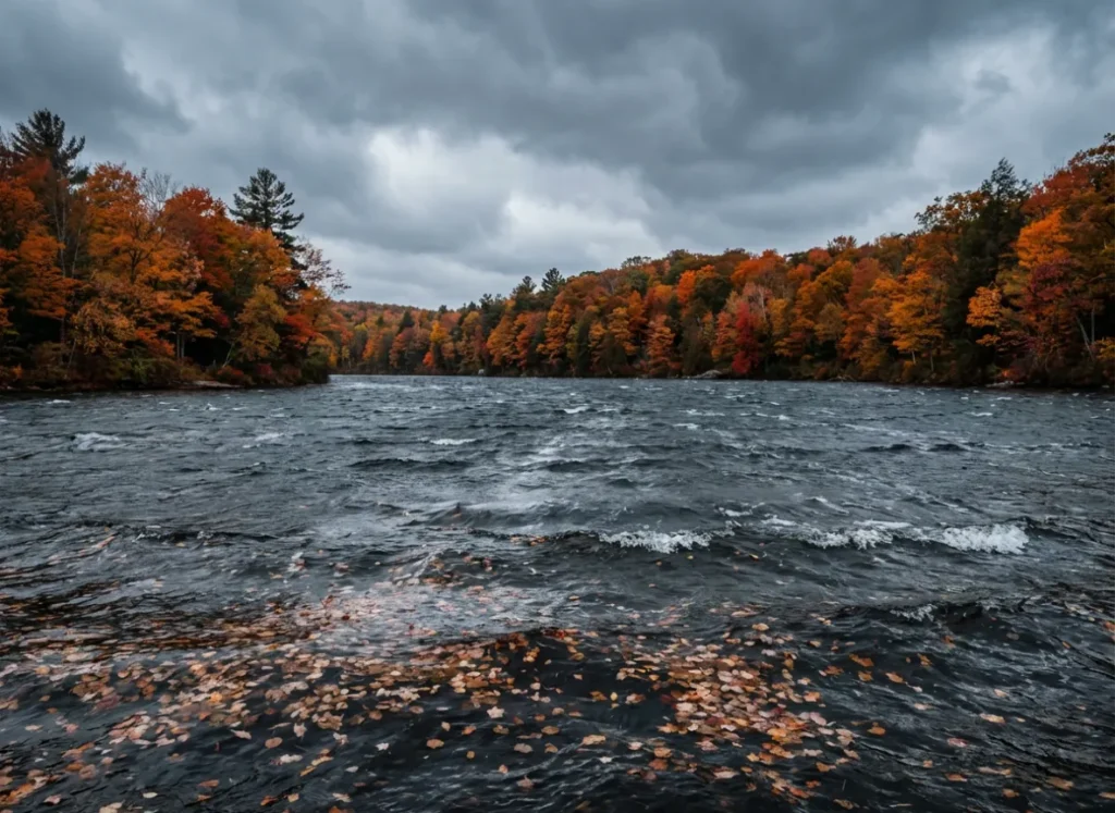Autumn lake scene with choppy water and colorful trees signaling the fall turnover.