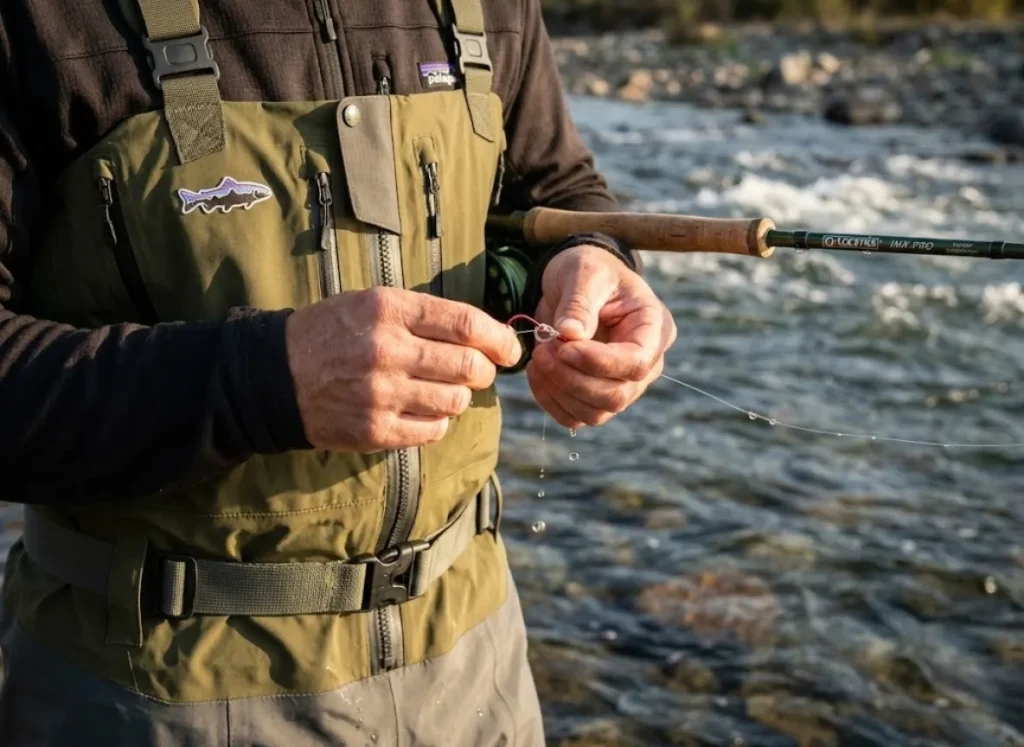 A professional angler in Patagonia waders standing in a river, tying a cured egg cluster onto a hook with precision, illuminated by warm sunlight.