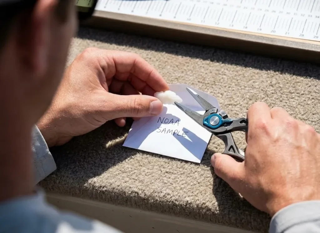 Close-up of an angler's hands using pliers to carefully place a small fish otolith into a scientific sample envelope for data collection.