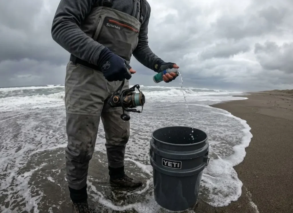 Angler in Simms waders tightening the drag on a Penn Slammer IV reel on the beach to prevent salt intrusion.