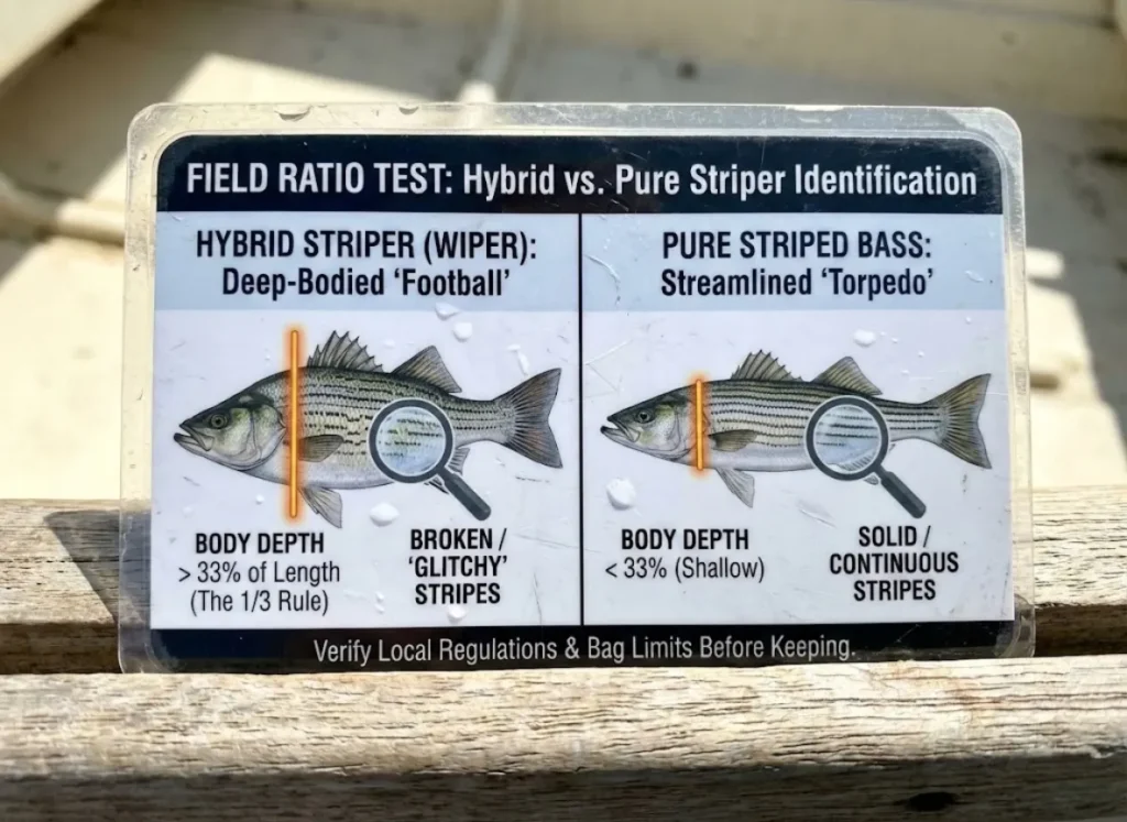 A two-panel infographic displayed on a waterproof wallet card, illustrating the "Field Ratio Test" for differentiating Hybrid Stripers from Pure Striped Bass. The left panel shows a deep-bodied Hybrid Striper with a ruler overlay indicating its body depth is greater than 33% of its length, and a zoom-in bubble showing broken stripes. The right panel shows a sleeker Pure Striped Bass with a body depth less than 33% and solid stripes.
