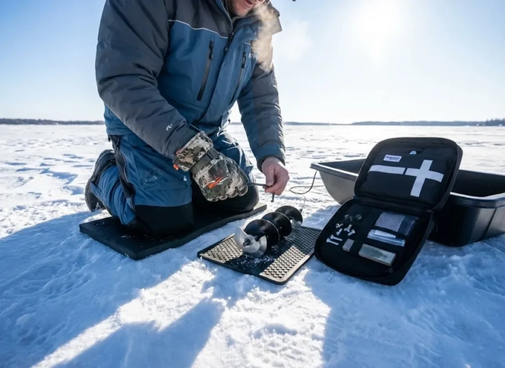 An angler kneeling on the ice performing a field repair on an auger using a specialized tool kit and spare parts in sub-zero conditions.