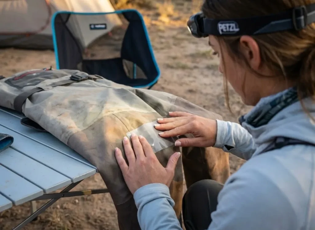 Angler applying Gear Aid Tenacious Tape to a tear in Redington Sonic-Pro waders under headlamp light.