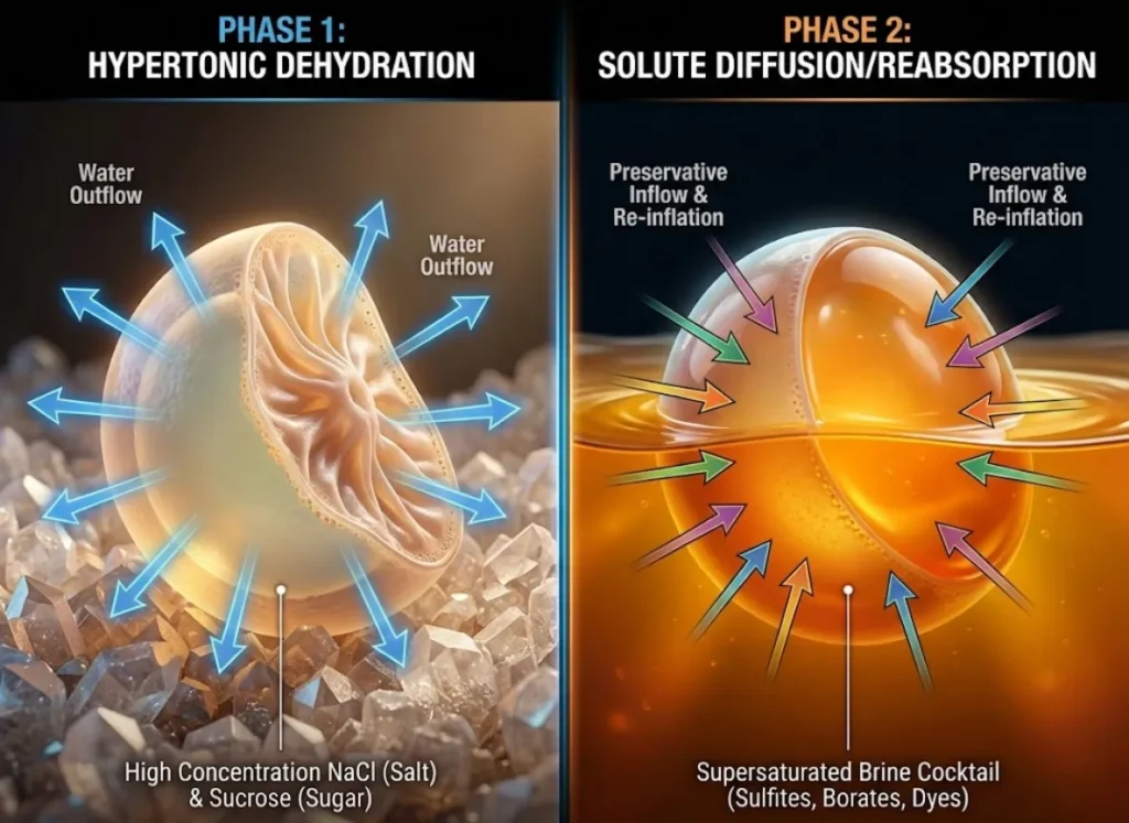 A two-panel scientific infographic illustrating the 'Juice-Out' and 'Juice-In' cycle of fish egg preservation. The left panel, 'Phase 1: Hypertonic Dehydration,' shows a fish egg shrinking as water moves out into a bed of salt and sugar crystals. The right panel, 'Phase 2: Solute Diffusion/Reabsorption,' shows the egg re-inflating as it absorbs a colored brine solution containing preservatives.