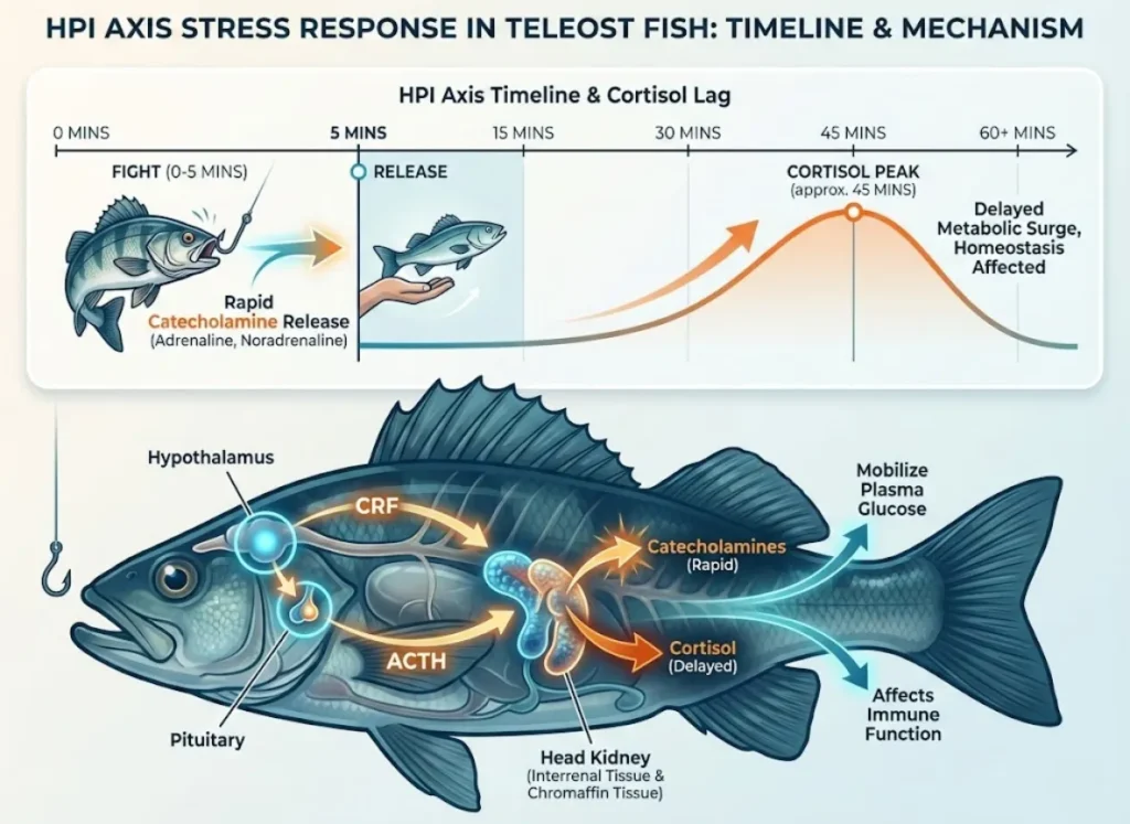 A scientific infographic illustrating the HPI axis stress response in fish. The top section is a timeline showing the progression from 'Fight' (0-5 mins), to 'Release' (5 mins), and the 'Cortisol Peak' (45 mins). Below the timeline is an anatomical diagram of a fish, showing the release of CRF from the hypothalamus, ACTH from the pituitary, and both cortisol and catecholamines from the interrenal/head kidney tissues, with labels explaining their function in mobilizing glucose.