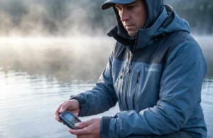 Fish Metabolism & Water Temperature: Lure Cadence Masterclass A professional angler in Simms gear kneeling by a misty lake at dawn, closely reading a digital water thermometer, illustrating the science of fish metabolism.