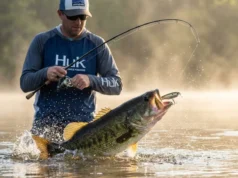 Fish Miss Topwater? Light Refraction & Hookset Strategy A largemouth bass exploding on a Rapala topwater lure at sunrise while an angler in Huk gear reacts in the background.