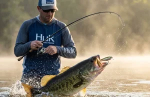 Fish Miss Topwater? Light Refraction & Hookset Strategy A largemouth bass exploding on a Rapala topwater lure at sunrise while an angler in Huk gear reacts in the background.