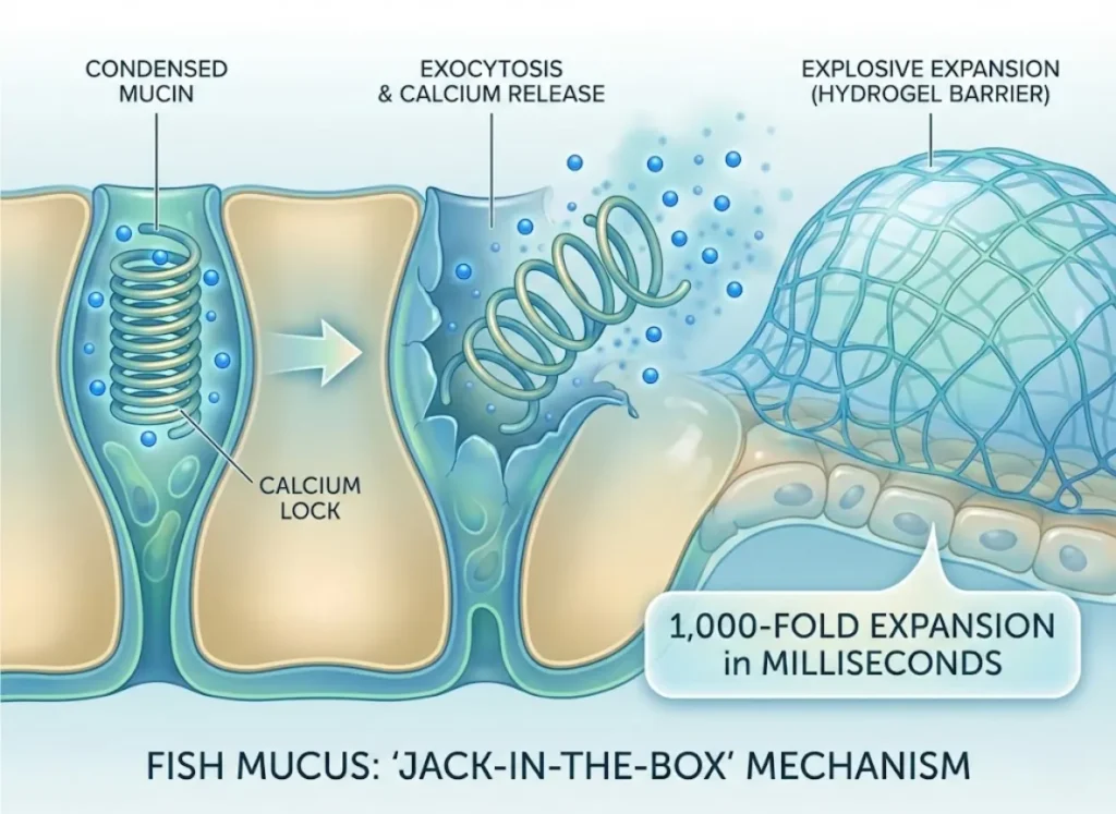 A three-stage scientific illustration showing the 'Jack-in-the-Box' mechanism of fish mucus expansion from a condensed state inside a goblet cell to an explosive, protective hydrogel barrier on the fish's epidermis.
