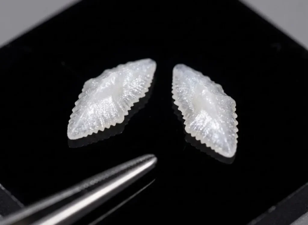 Macro photography of pristine white fish otoliths (ear stones) resting on a black reflective surface, highlighting their crystalline structure and serrated edges.