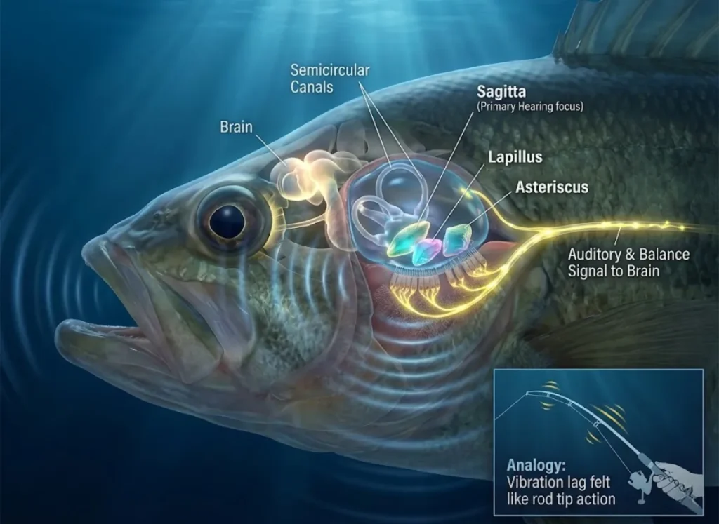 A sophisticated infographic diagram showing a translucent cross-section of a fish head underwater, revealing the inner ear anatomy. It highlights the brain, semicircular canals, and three calcium carbonate otolith stones (Sagitta, Lapillus, Asteriscus) on sensory hair cells. Visual sound waves show the heavy stones lagging behind tissue movement, triggering nerve signals to the brain for hearing and balance. A small inset compares this process to feeling fishing rod vibrations.