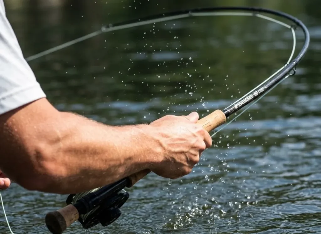 Close-up action shot of a Sage fly rod bent under the weight of a fighting fish, capturing water spray and the tension of the line to illustrate physical exertion.