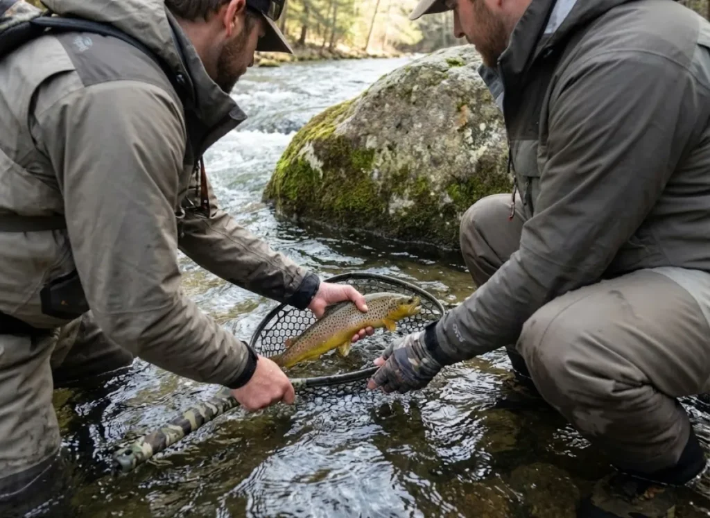 Angler releasing a trout from a Fishpond Nomad net into a river current seam.