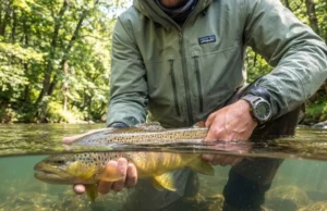 The Science of Fish Slime Coat Handling A professional angler gently holding a brown trout underwater, highlighting the iridescent protective slime coat and mucin hydrogel in a clear river environment.