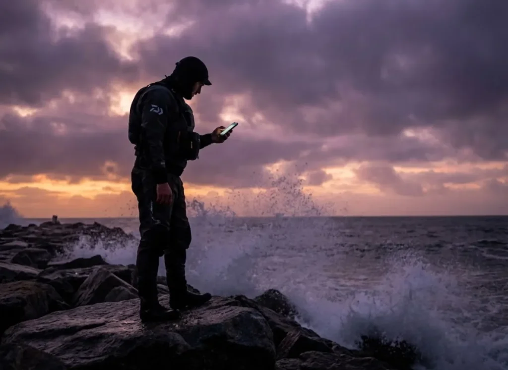 Angler checking weather and tide predictions on a smartphone during a dramatic sunrise on a rocky jetty.