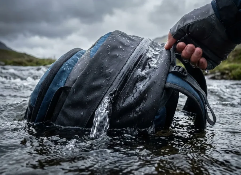 Close-up of a fishing backpack being submerged in a rushing river to test waterproof zipper integrity.