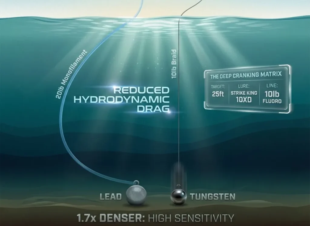 A cinematic 3D infographic illustrating the physics of fishing depth, comparing line drag between braid and monofilament, and the sinking velocity of tungsten versus lead in a stratified water column.
