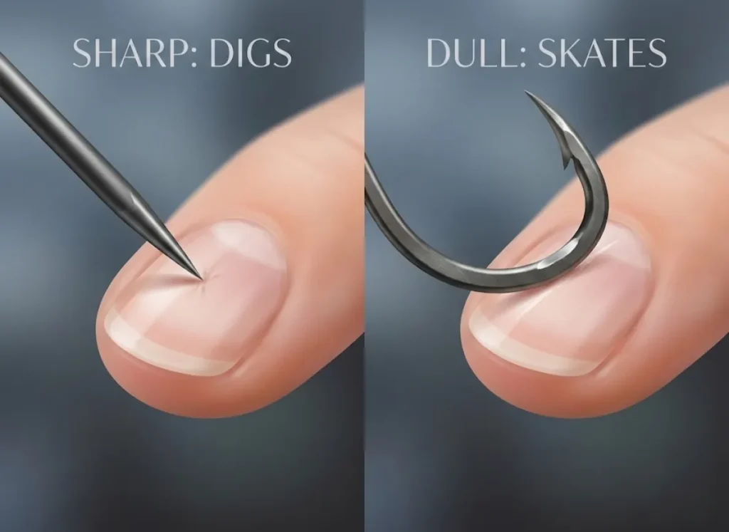 A high-definition split-screen macro illustration demonstrating the fishing hook thumbnail test. The left side shows a sharp hook point digging into a fingernail, labeled "SHARP: DIGS," while the right side shows a dull hook sliding across the surface with a reflective tip, labeled "DULL: SKATES."
